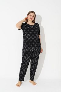 Siyah Ayıcık Desenli Curve Büyük Beden Battal Boy Kısa Kollu Pamuklu Pijama Takımı ürün fotoğrafı