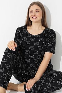 Siyah Ayıcık Desenli Curve Büyük Beden Battal Boy Kısa Kollu Pamuklu Pijama Takımı ürün fotoğrafı