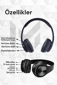 P68 Bluetooth Kablosuz Stereo Kulaklık Wireless, Aux Kablolu ürün fotoğrafı