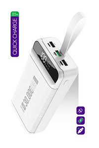 30.000 mAh PD 22.5 W Hızlı Şarj Gerçek 30.000 mAh Garantili Led Fener Dijital QC30 Beyaz Powerbank ürün fotoğrafı