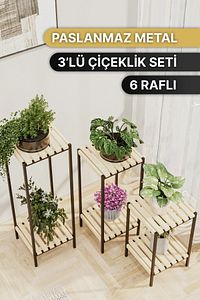 Saksılık 3 Lü Set Ahşap Çiçeklik Dekoratif Lüks Bahçe Mobilyası Saksı Standı Bahçe Balkon Rafı ürün fotoğrafı
