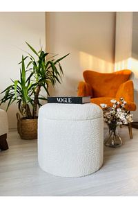 Handmade X Large Beyaz Tedy Kumaş Sandıklı Silindir Dekoratif Pufidik Puf Bench ürün fotoğrafı