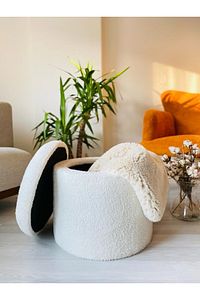 Handmade X Large Beyaz Tedy Kumaş Sandıklı Silindir Dekoratif Pufidik Puf Bench ürün fotoğrafı