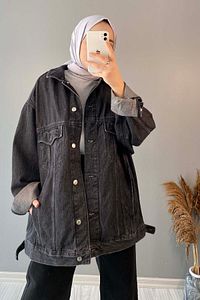 Çift Cepli Oversize Kot Ceket Siyah ürün fotoğrafı
