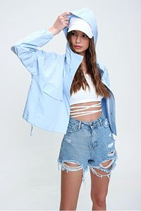 Kadın Mavi Beş Cepli Yüksek Bel Soluk Efektli Paçası Dikişsiz Denim Şort ALC-X5960 ürün fotoğrafı