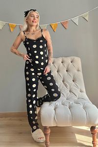 Kadın Sarı Beyaz Papatya Dantelli İp Askılı Örme Pijama Takımı ürün fotoğrafı