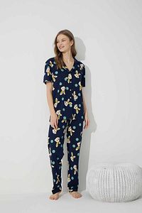 Lacivert Tavşan Desenli Pamuklu Düğmeli Örme Pijama Takım ürün fotoğrafı