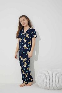 Lacivert Tavşan Desenli Pamuklu Düğmeli Örme Pijama Takım ürün fotoğrafı