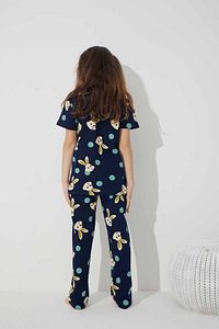 Lacivert Tavşan Desenli Pamuklu Düğmeli Örme Pijama Takım ürün fotoğrafı