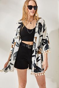 Kadın Taş Siyah Püsküllü Salaş Örme Kimono KMN-00000056 ürün fotoğrafı