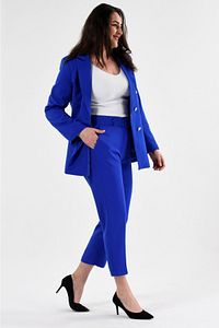 Kadın Saks Mavi Blazer Ceket Kemerli Cepli Boru Paça Pantolon Büyük Beden Takım Elbise ürün fotoğrafı