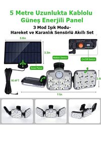138 Led Güneş Enerjili 3 Mod Kumandalı 5 Metre Kablolu Kaliteli Sensörlü Solar Sokak Lambası ürün fotoğrafı