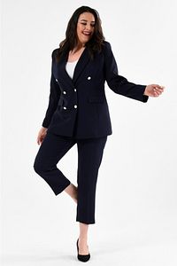 Kadın Lacivert Blazer Ceket Kemerli Cepli Boru Paça Pantolon Büyük Beden Takım Elbise ürün fotoğrafı