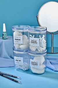 4'lü Dekoratif Kulak Pamuğu & Pamuk & Makyaj Pamuğu & Diş Ipi Saklama Kutusu 400 Ml Akrilik Set ürün fotoğrafı