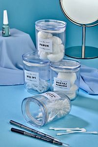 4'lü Dekoratif Kulak Pamuğu & Pamuk & Makyaj Pamuğu & Diş Ipi Saklama Kutusu 400 Ml Akrilik Set ürün fotoğrafı