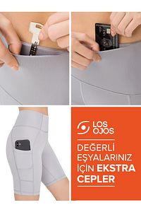 Kadın Gri Yüksek Bel Toparlayıcı Çift Cepli Biker Şort Kısa Spor Tayt ürün fotoğrafı
