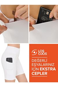 Kadın Beyaz Yüksek Bel Toparlayıcı Çift Cepli Biker Şort Kısa Spor Tayt ürün fotoğrafı