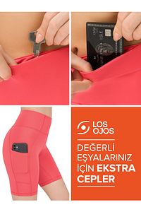 Kadın Mercan Yüksek Bel Toparlayıcı Çift Cepli Biker Şort Kısa Spor Tayt ürün fotoğrafı