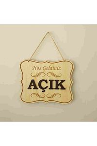 Açık Kapalı Yazılı Levha Ahşap Kabartma Mağaza Kapı Yönlendirme ürün fotoğrafı