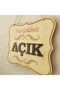 Açık Kapalı Yazılı Levha Ahşap Kabartma Mağaza Kapı Yönlendirme ürün fotoğrafı