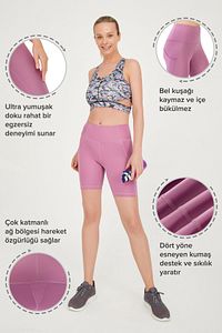 Kadın Lavanta Yüksek Bel Toparlayıcı Çift Cepli Biker Şort Kısa Spor Tayt ürün fotoğrafı