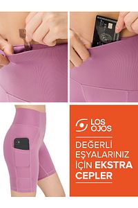 Kadın Lavanta Yüksek Bel Toparlayıcı Çift Cepli Biker Şort Kısa Spor Tayt ürün fotoğrafı
