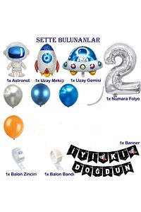 Uzay Temalı Doğum Günü Seti 2 Yaş; 4 Adet Folyo, 50 Lateks Balon, Banner, Balon Zinciri, Balon Bandı ürün fotoğrafı