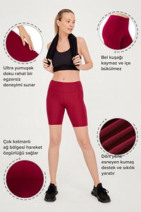 Kadın Bordo Yüksek Bel Toparlayıcı Çift Cepli Biker Şort Kısa Spor Tayt ürün fotoğrafı