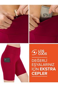 Kadın Bordo Yüksek Bel Toparlayıcı Çift Cepli Biker Şort Kısa Spor Tayt ürün fotoğrafı