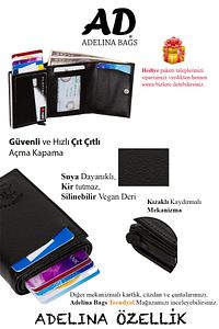 Adelina Unisex Siyah Deri Mekanizmalı Otomatik Kızaklı Kartlık Cüzdan (7CMX10CM) ürün fotoğrafı