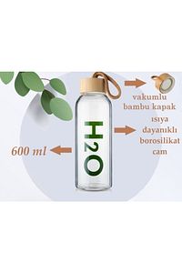 H2o Borosilikat Cam Matara Bambu Vakum Kapaklı Su Şişesi Suluk 600 M L. ürün fotoğrafı