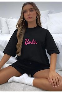 Kadın Siyah Barbie Baskı Şort Takım ürün fotoğrafı