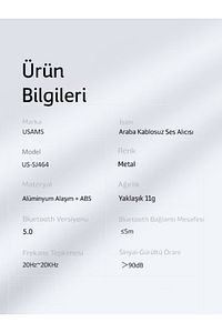 Usams Bluetooth 5.0 Receiver Usb Aux Wireless Araç Kiti Telefon Konuşma Müzik Dinleme Ba01 ürün fotoğrafı
