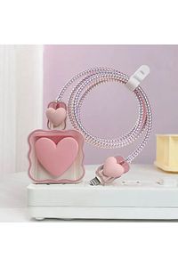 Apple Iphone Kablo Koruyucu Ve Şarj Adaptör Kılıf Süslü Kalp Desenli Pembe ürün fotoğrafı