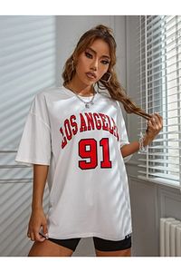 Beyaz Los Angeles 91 Yazılı Oversize Penye T-shirt ürün fotoğrafı