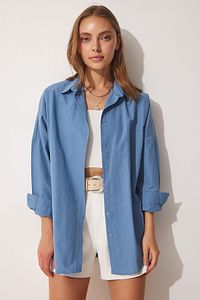 Kadın İndigo Mavi Oversize Uzun Basic Gömlek DD00842 ürün fotoğrafı