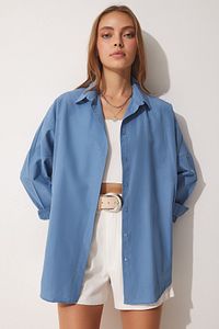 Kadın İndigo Mavi Oversize Uzun Basic Gömlek DD00842 ürün fotoğrafı