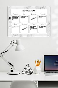 Beyaz Mermer Haftalık Planlayıcı Yazılıp Silinebilir (42x30) Ders, İş, Rutin Planlama Duvar Panosu ürün fotoğrafı