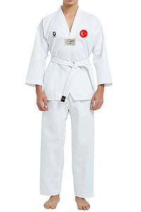 Fitilli Beyaz Yaka Baskılı Taekwondo Elbisesi Dobok ürün fotoğrafı