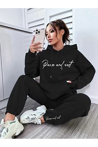 Pause Kapüşonlu Kombin Alt Üst Eşofman Takımı - Siyah Baskılı Oversize Lastik Paça ürün fotoğrafı
