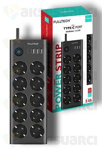Type-C Port Girişli Akım Korumalı 10'lu Priz, 3 USB, 1 Type-C Giriş, Isıya Dayanıklı, FTR-14 ürün fotoğrafı