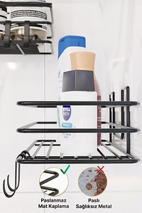 2Lİ Set Banyo Düzenleyici Şampuanlık Mat Siyah YAPIŞKANLI 4 ASKILI Duş Rafı Paslanmaz Organizer ürün fotoğrafı