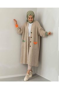 Kadın Cep Renk Detaylı Uzun Triko Hırka - Taş ürün fotoğrafı