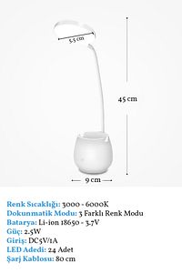 Şarjlı 24 Led Çalışma Okuma Işığı Kademeli Masa Lambası Ayarlanabilir Renk Tonu Ve Parlaklık ürün fotoğrafı