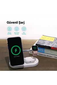 Aircharger Quattro M Magsafe Uyumlu Iphone+applewatch+airpods Led Li Kablosuz Hızlı Şarj Standı ürün fotoğrafı