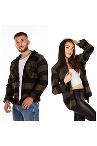 Kapüşonlu Fermuarlı Unisex Haki-siyah Oduncu Gömleği ürün fotoğrafı