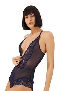 Kadın Lacivert Çıtçıtlı Dantelli Transparan Sırt Çapraz İpli Bodysuit ürün fotoğrafı