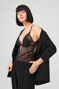 Siyah Çıtçıtlı Sırt Dekolteli Transparan Kaplı Dantelli Bodysuit ürün fotoğrafı
