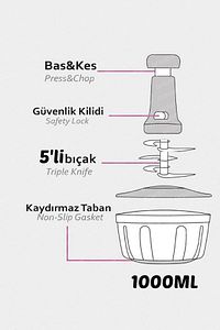 El Rondosu , Bas Kes Pratik El Robotu 1000ml Yeni Nesil Doğrayıcı, 5 Bıçaklı Manuel Doğrayıcı ürün fotoğrafı