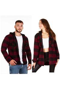 Kapüşonlu Fermuarlı Unisex Bordo-siyah Oduncu Gömleği ürün fotoğrafı